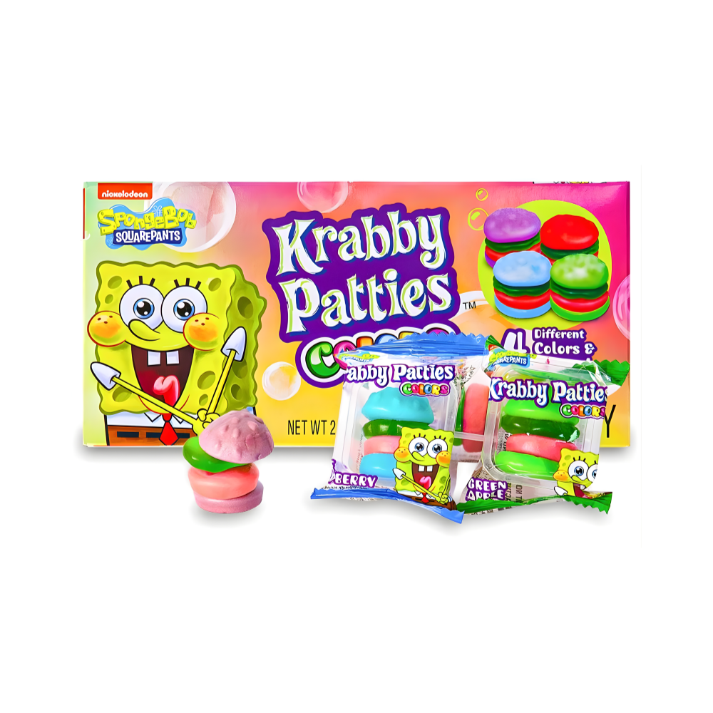 SpongeBob Krabby Patties Colors Candy 72g – Der kultige Mini-Burger-Snack! 🍔🌈🧽  Bereit für einen kunterbunten Trip nach Bi
